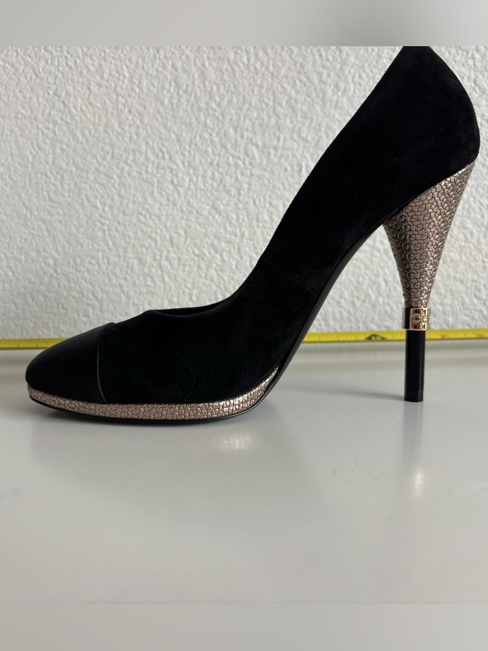 Authentic Chanel 4.5in Black Suede Heels with Rose Gold Patterned